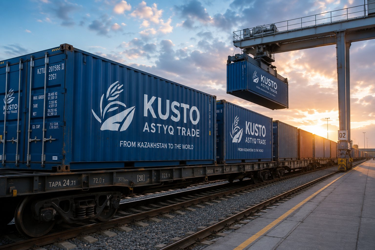 Контейнеры Kusto Astyq Trade на железной дороге у современного зернового терминала
